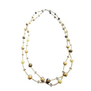 Extra long crystal and pearl bugle bead necklace.